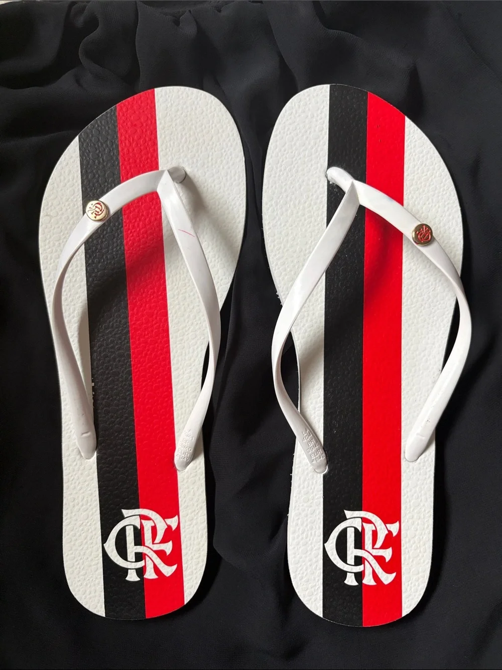 CRF White Flip Flops with Red and Black Stripes